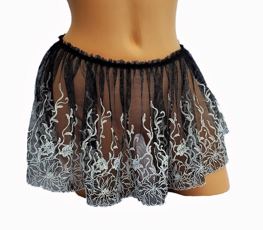 Black And White Mesh Lingerie Skirt With Dainty Embroidered Ruffles