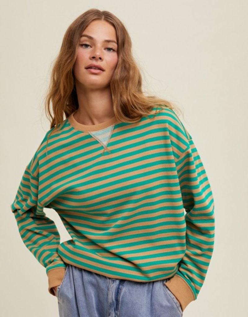 Striped Oversized Crewneck Pullover - Taupe/Green