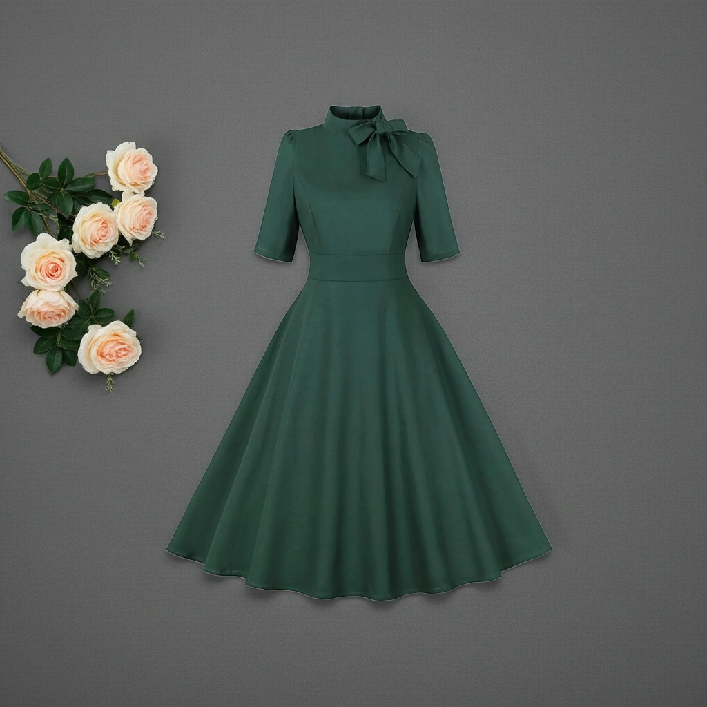 1950s retro swing dress for women in dark green with short sleeves and tie neck detail, elegant vintage style.