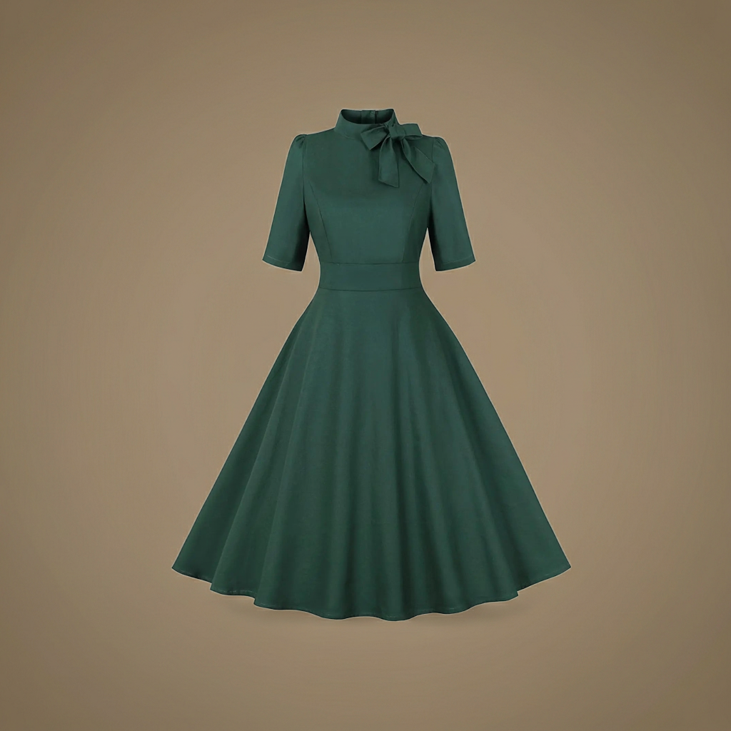 1950s Dresses for Women Rockabilly Dresses Retro Dress Short Sleeve Tie Neck Swing Dress Cocktail Dress 50s Dresses for Women Vintage Audrey Hepburn Dress Holiday Party Church Dresses Dark Green XL