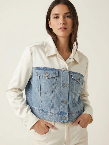 Express Satin Pieced Cropped Denim Jacket, Size Large
