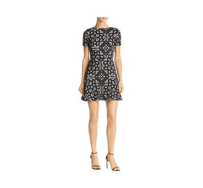 Aqua Laser-Cut Floral Flounce Dress, Size Medium
