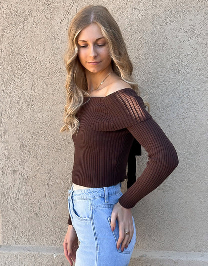 Off Shoulder Tie Back Ribbed Sweater