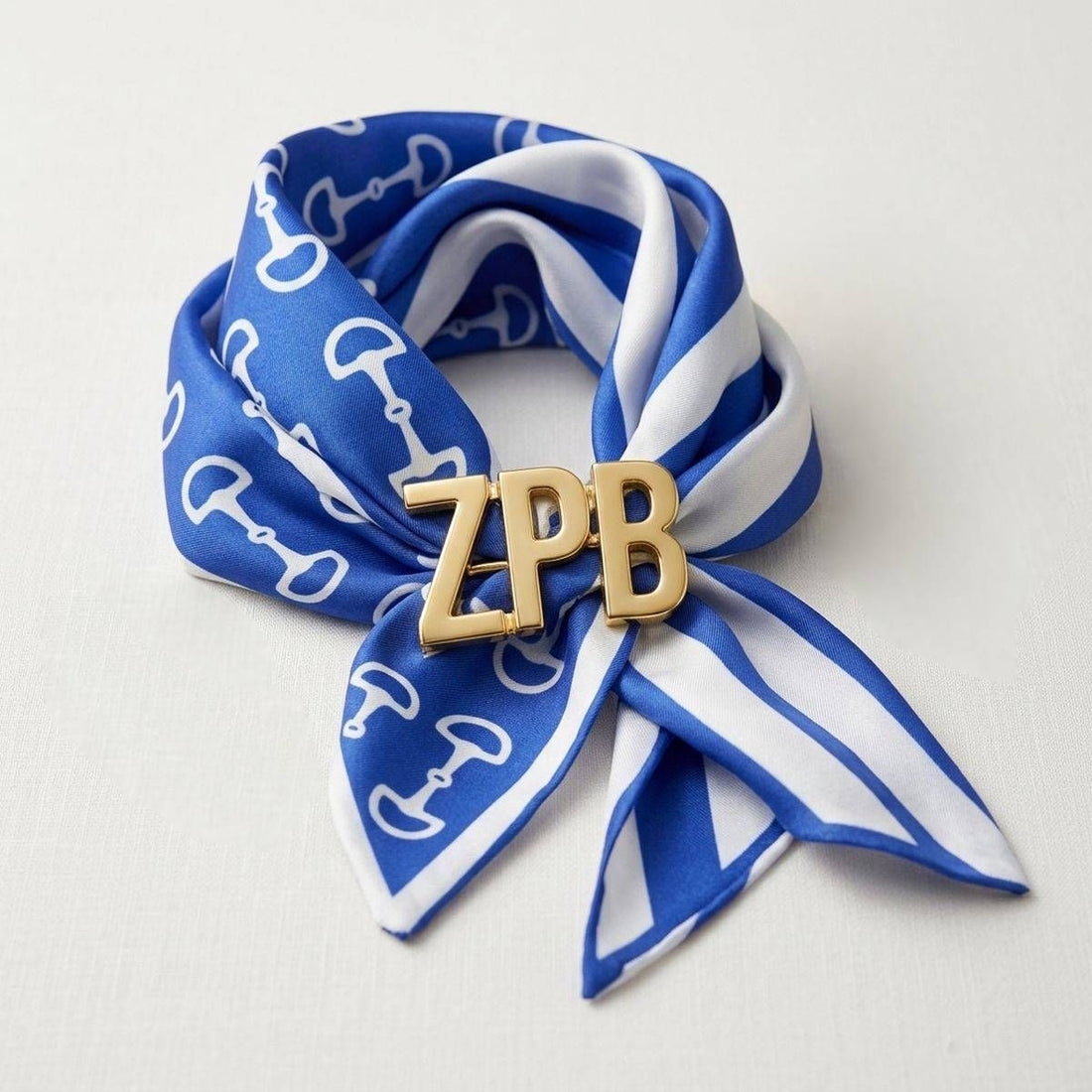 Zeta Phi Beta Sorority Blue &amp; White Horsebit Scarf Necklace with Gold ZPB Letters