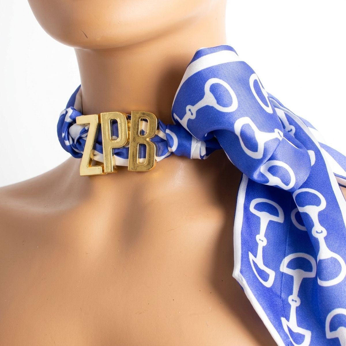 Zeta Phi Beta Sorority Blue &amp; White Horsebit Scarf Necklace with Gold ZPB Letters