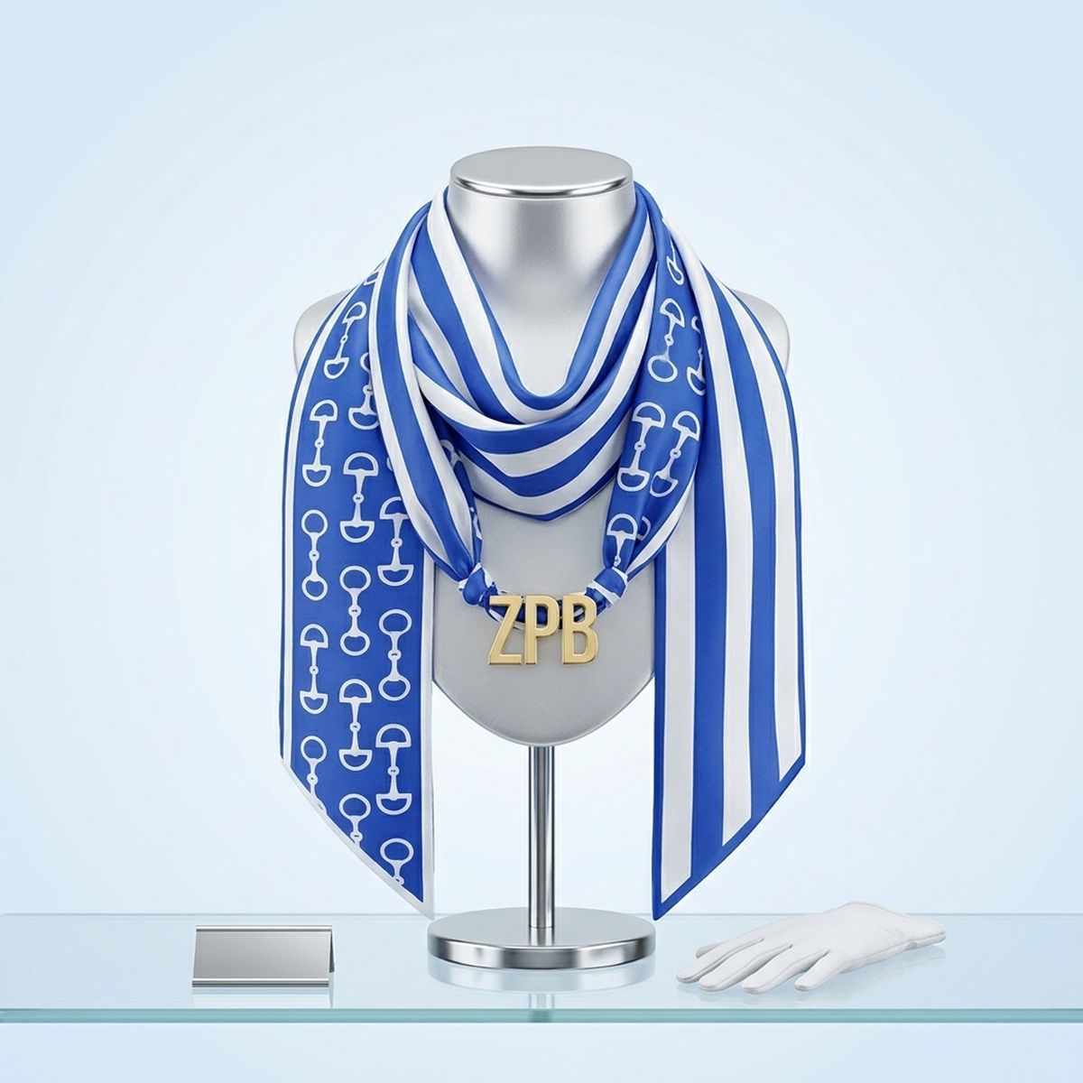 Zeta Phi Beta Sorority Blue &amp; White Horsebit Scarf Necklace with Gold ZPB Letters