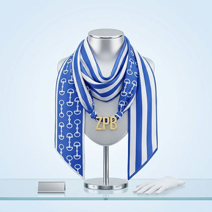 Zeta Phi Beta Sorority Blue &amp; White Horsebit Scarf Necklace with Gold ZPB Letters