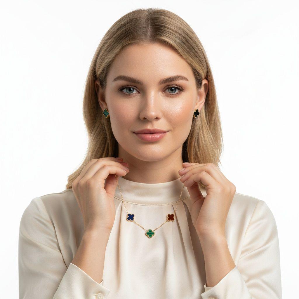 Chain Colorful 5 Motif Quatrefoil Clover Necklace