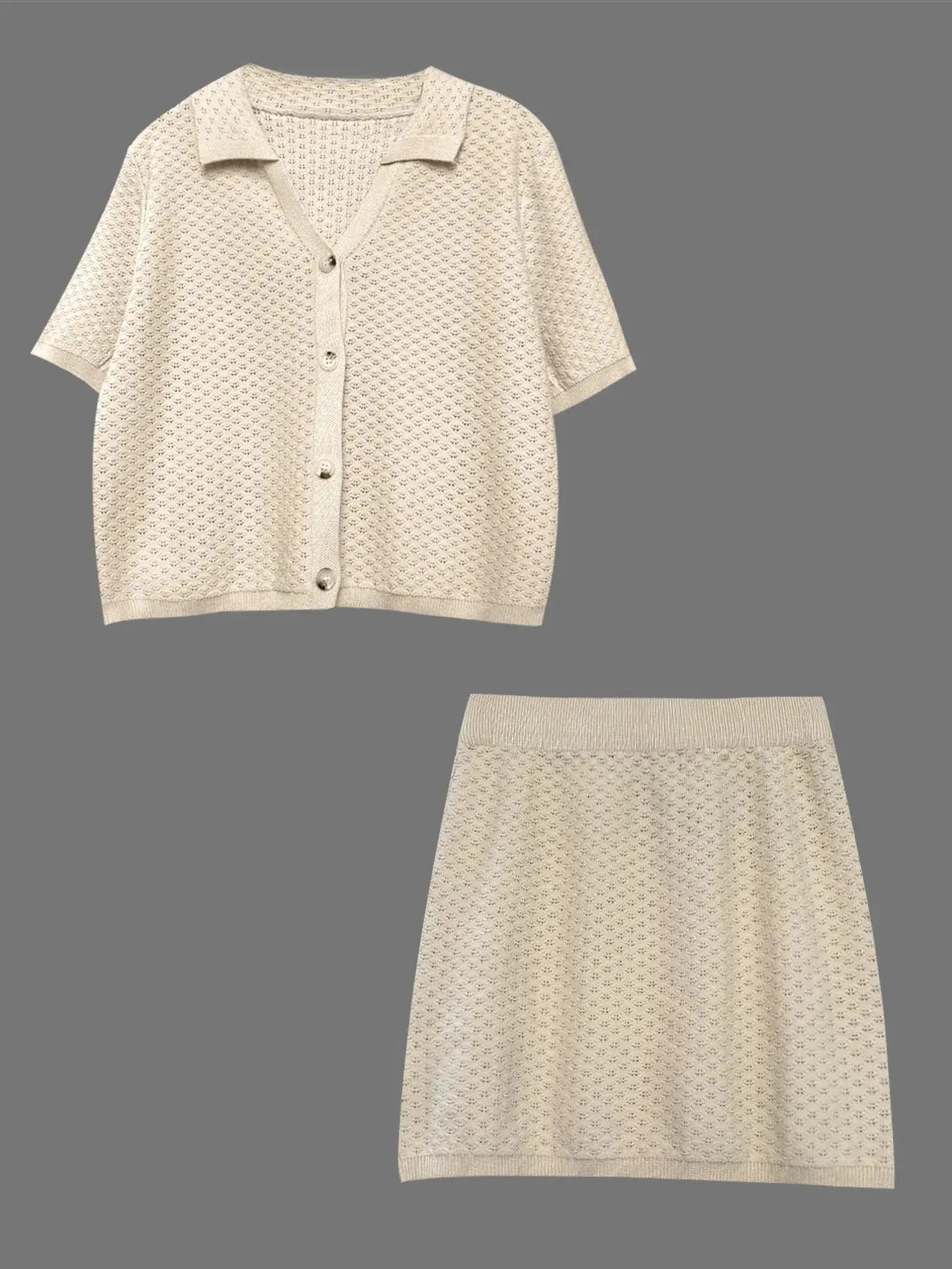 Openwork sweater set for women featuring a button-up top and matching skirt in a light color.