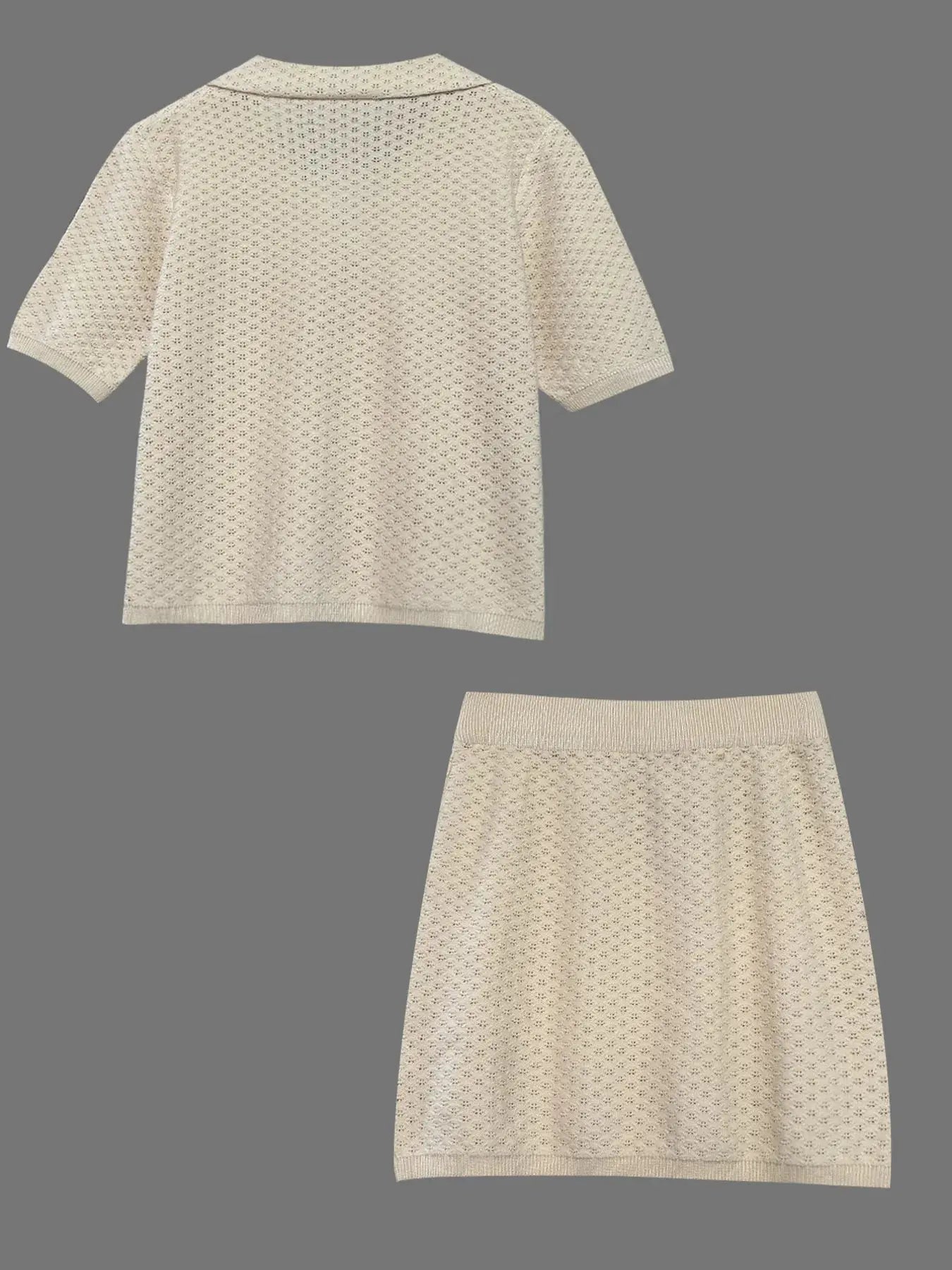 Apricot openwork button-up top and skirt sweater set by Trendsi, featuring a stylish, lightweight knit design.
