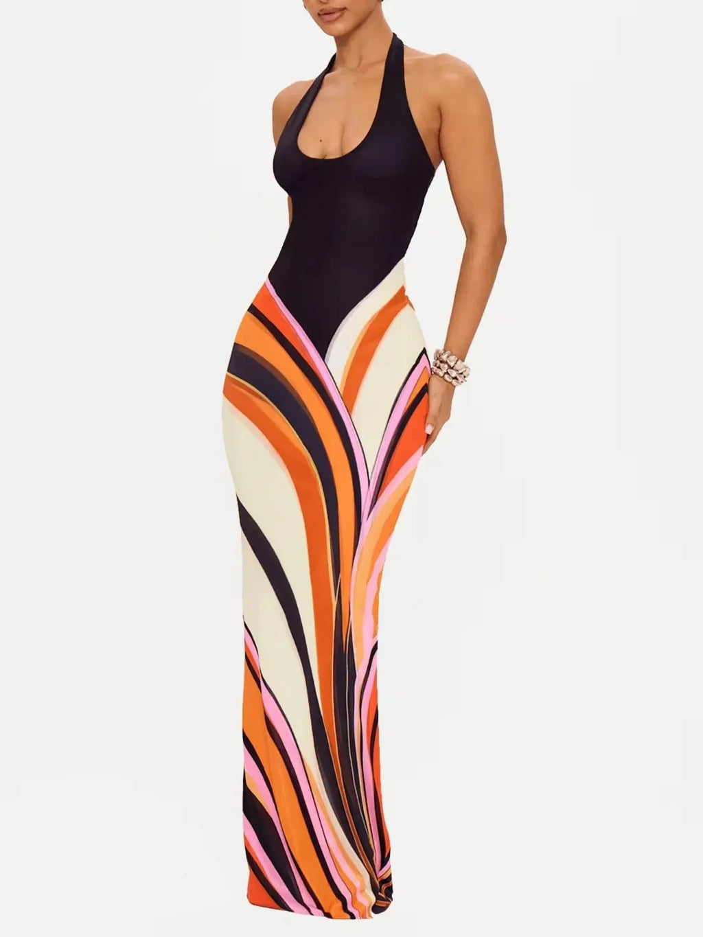 Halter Neck Maxi Dress with Abstract Print featuring vibrant colors and a flowing silhouette.