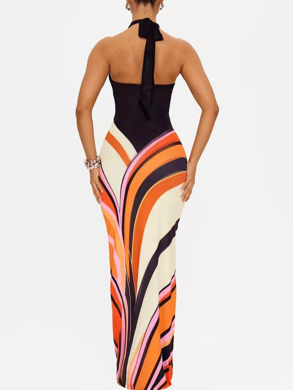 Halter Neck Maxi Dress with Abstract Print showcasing vibrant patterns and stylish back view.