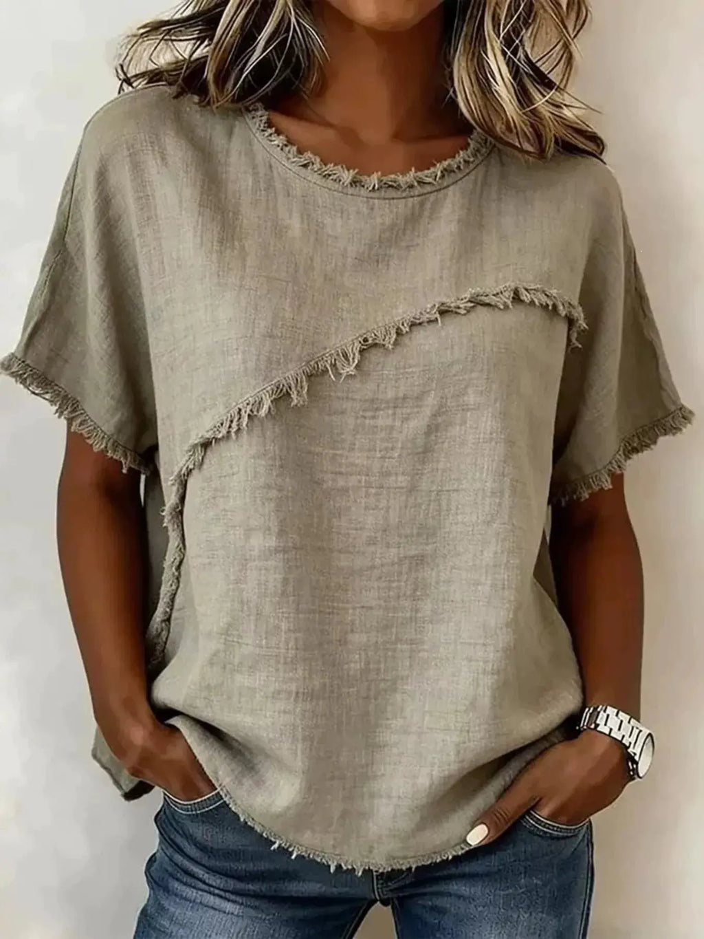 Plus size frayed hem top in khaki with unique frayed hemline and relaxed fit, perfect for everyday wear.