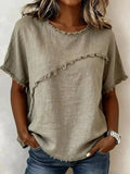 Plus size frayed hem top in khaki with unique frayed hemline and relaxed fit, perfect for everyday wear.