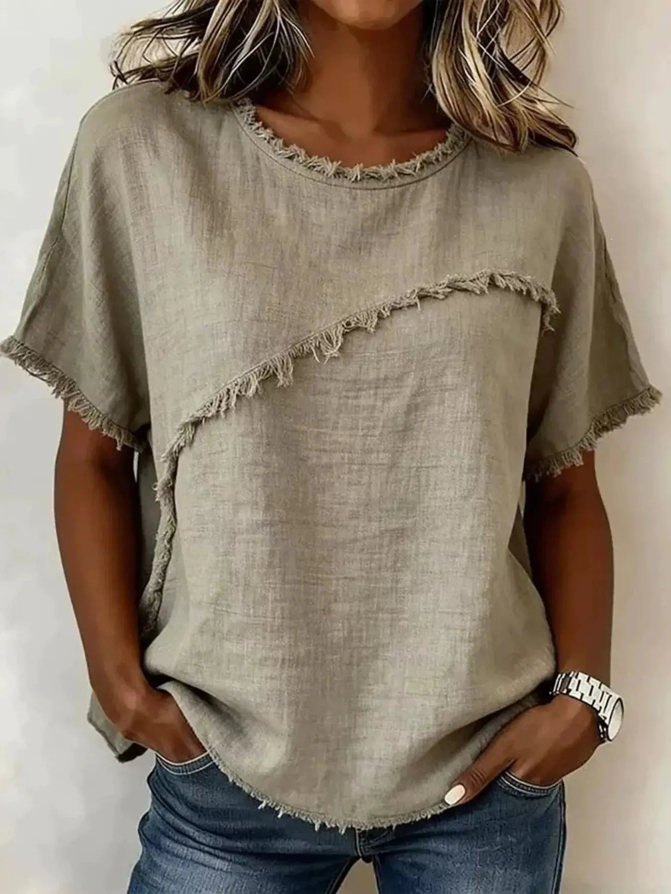 Plus size frayed hem top in khaki with unique frayed hemline and relaxed fit, perfect for everyday wear.