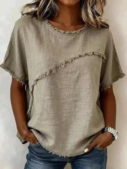 Full Size Frayed Hem Short Sleeve Top Plus Size by Trendsi