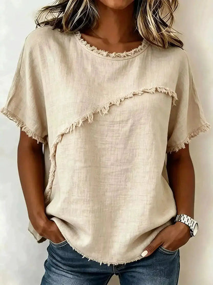 Full Size Frayed Hem Short Sleeve Top Plus Size by Trendsi
