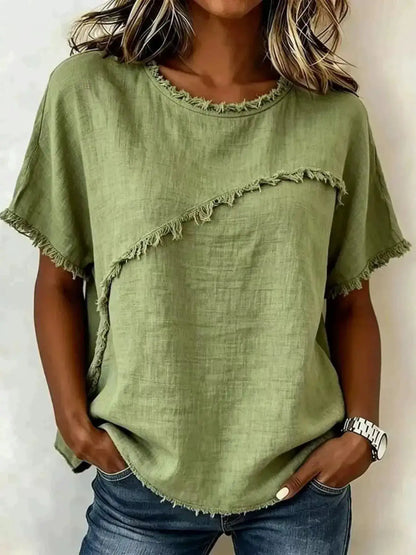 Full Size Frayed Hem Short Sleeve Top Plus Size by Trendsi