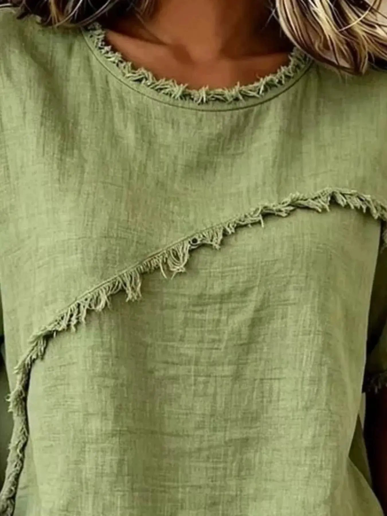 Plus size khaki short sleeve top with frayed hem, full size trendy casual shirt by Trendsi, styled with a relaxed fit.