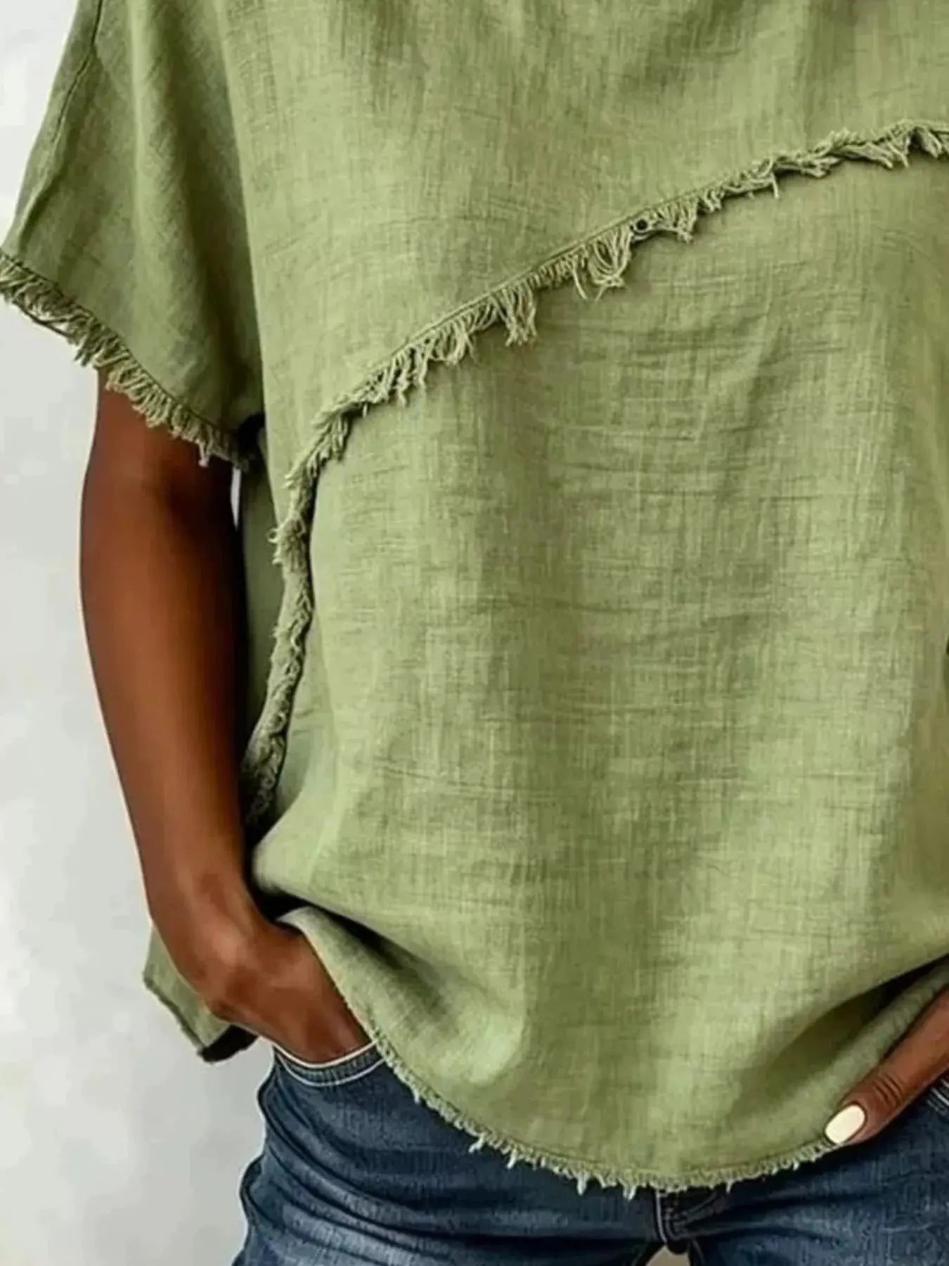 Plus size khaki short sleeve top with frayed hem, casual style, by Trendsi, showing front view with relaxed fit.