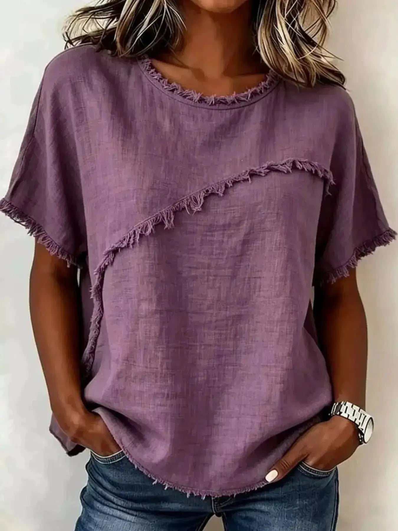Full Size Frayed Hem Short Sleeve Top Plus Size by Trendsi