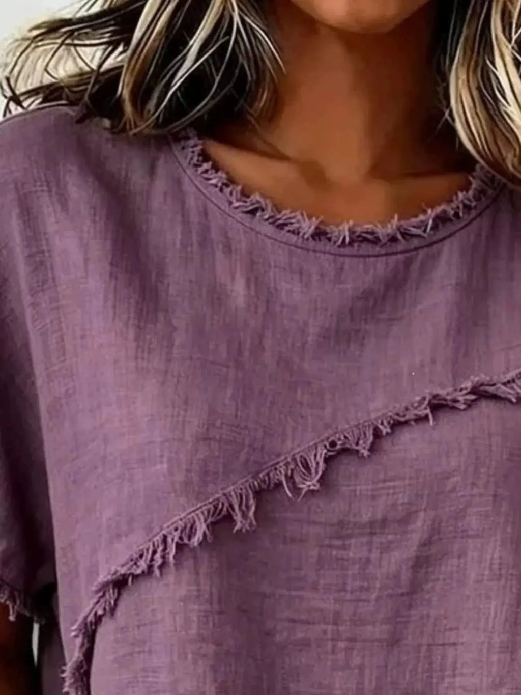 Plus size khaki short sleeve top with frayed hem from Trendsi, showcasing casual style and relaxed fit.
