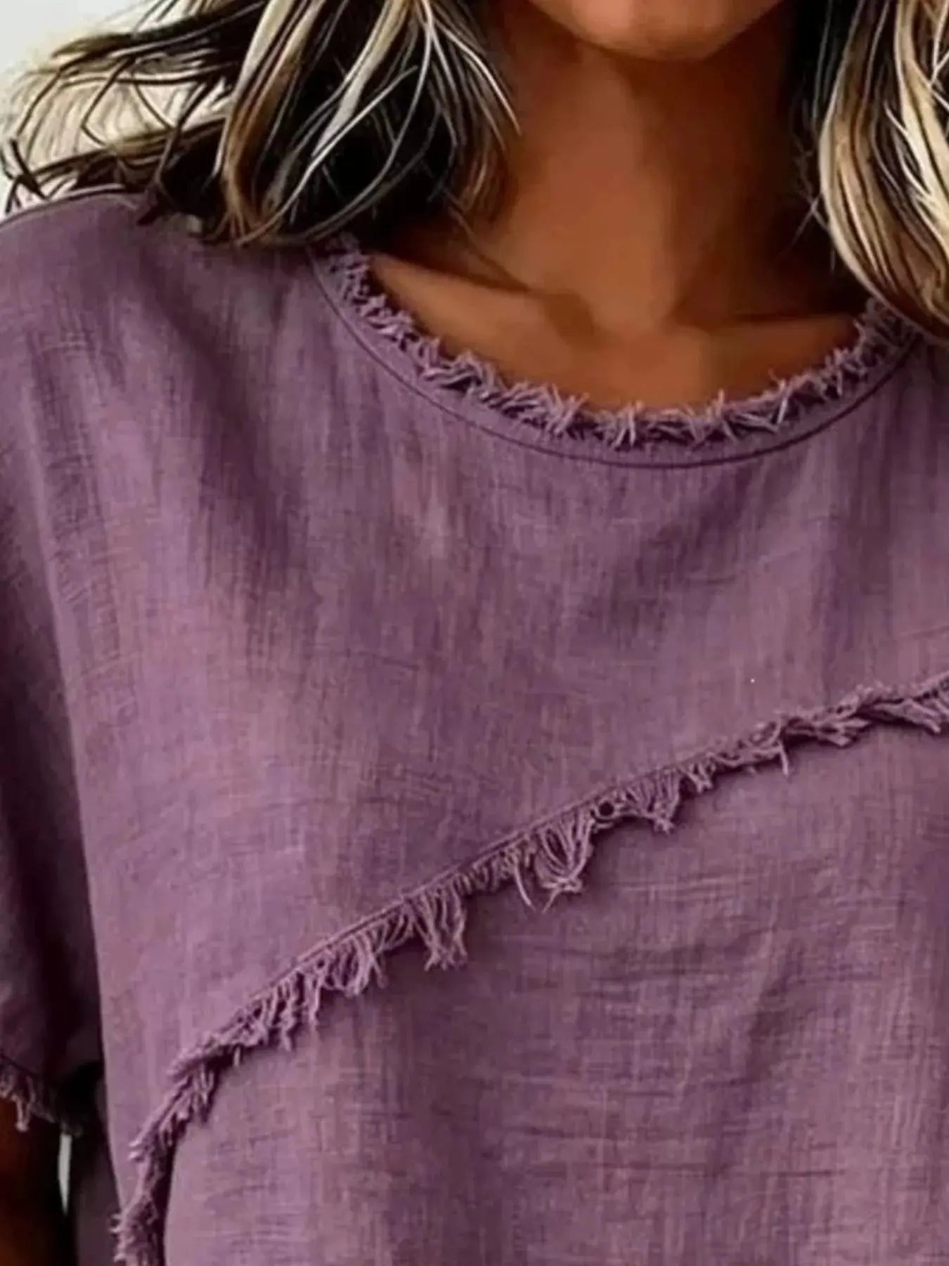 Plus size khaki short sleeve top with frayed hem from Trendsi, showcasing casual style and relaxed fit.