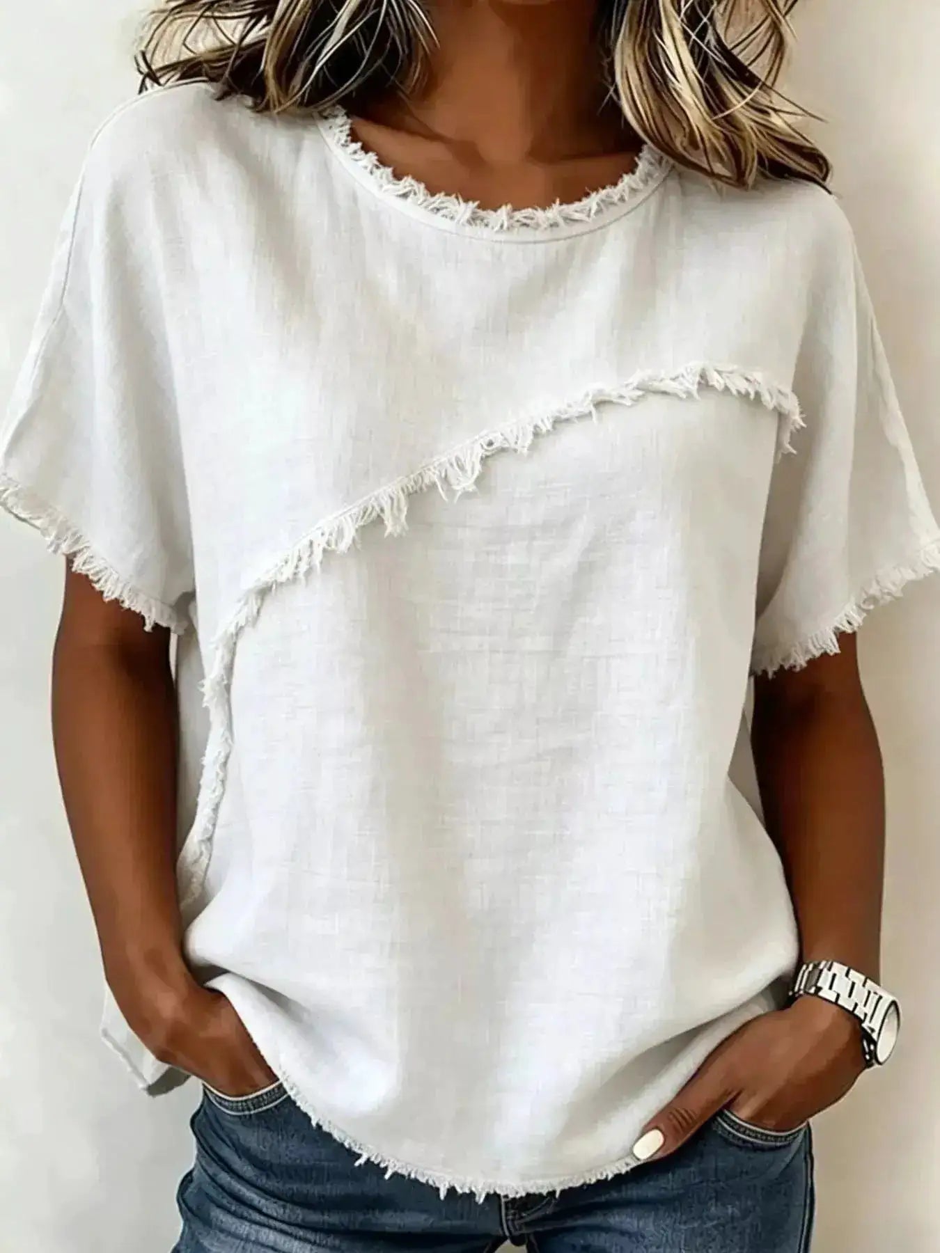 Full Size Frayed Hem Short Sleeve Top Plus Size by Trendsi