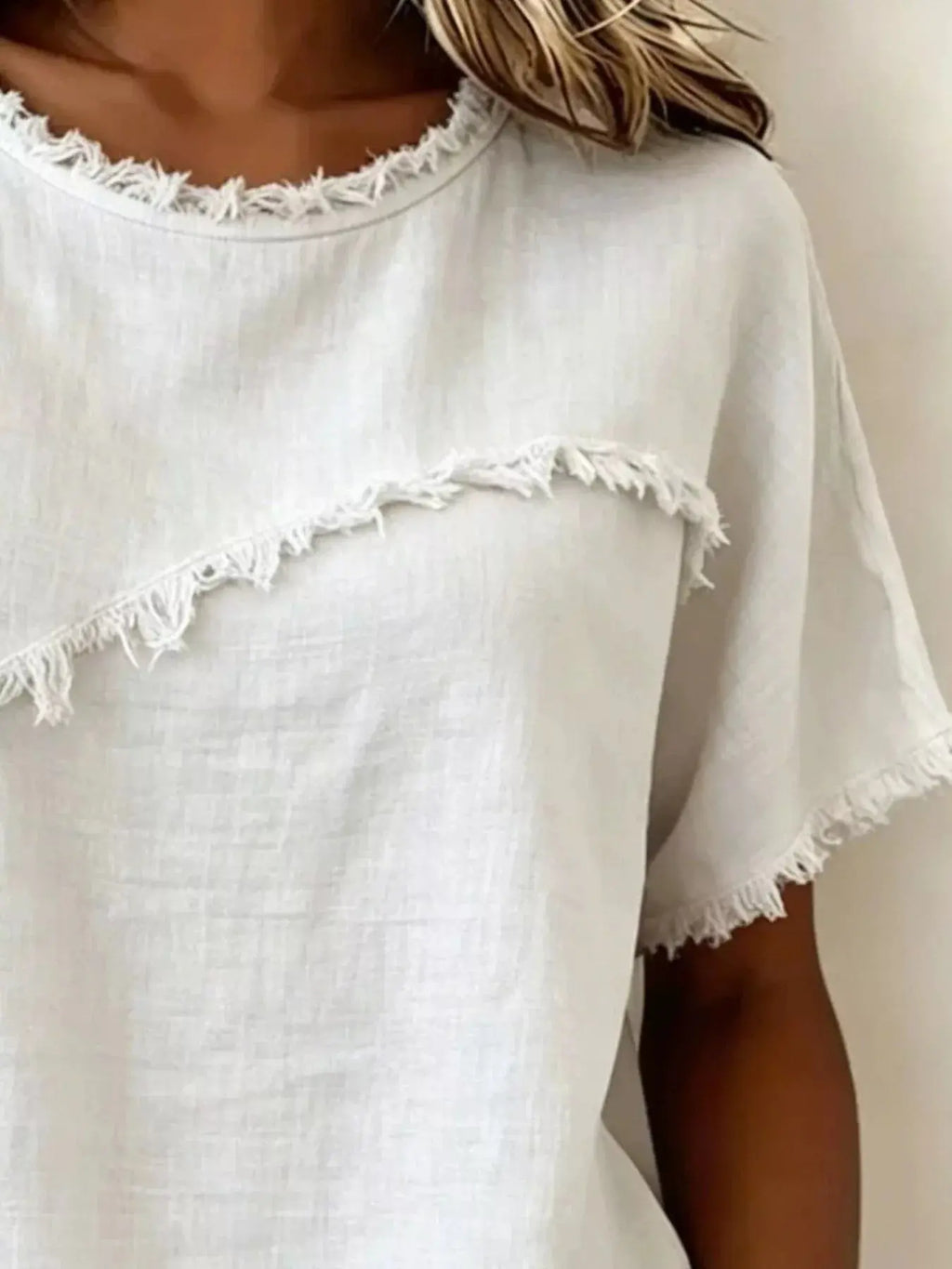 Plus size khaki short sleeve top with frayed hem, full size, casual trendy style by Trendsi.