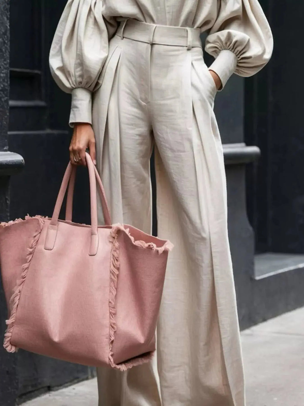 Khaki lantern sleeve shirt and wide-leg pants set by Trendsi, featuring relaxed fit and stylish design.