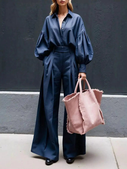 Lantern Sleeve Shirt and Wide Leg Pants Set by Trendsi