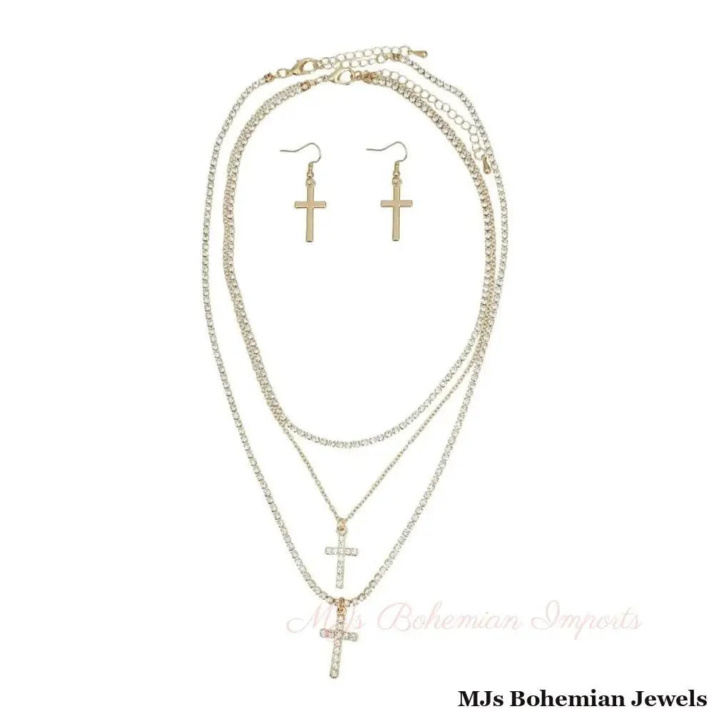 Triple Layer Gold &amp; Rhinestone Cross Necklace Set