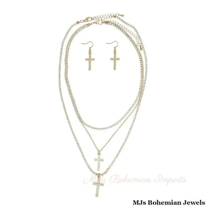 Triple Layer Gold &amp; Rhinestone Cross Necklace Set