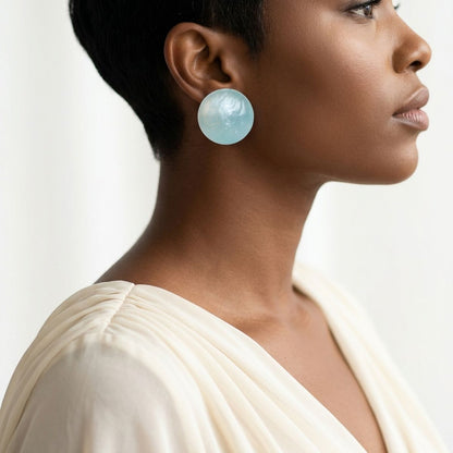 Aqua Pearlescent Domed Round Stud Earrings