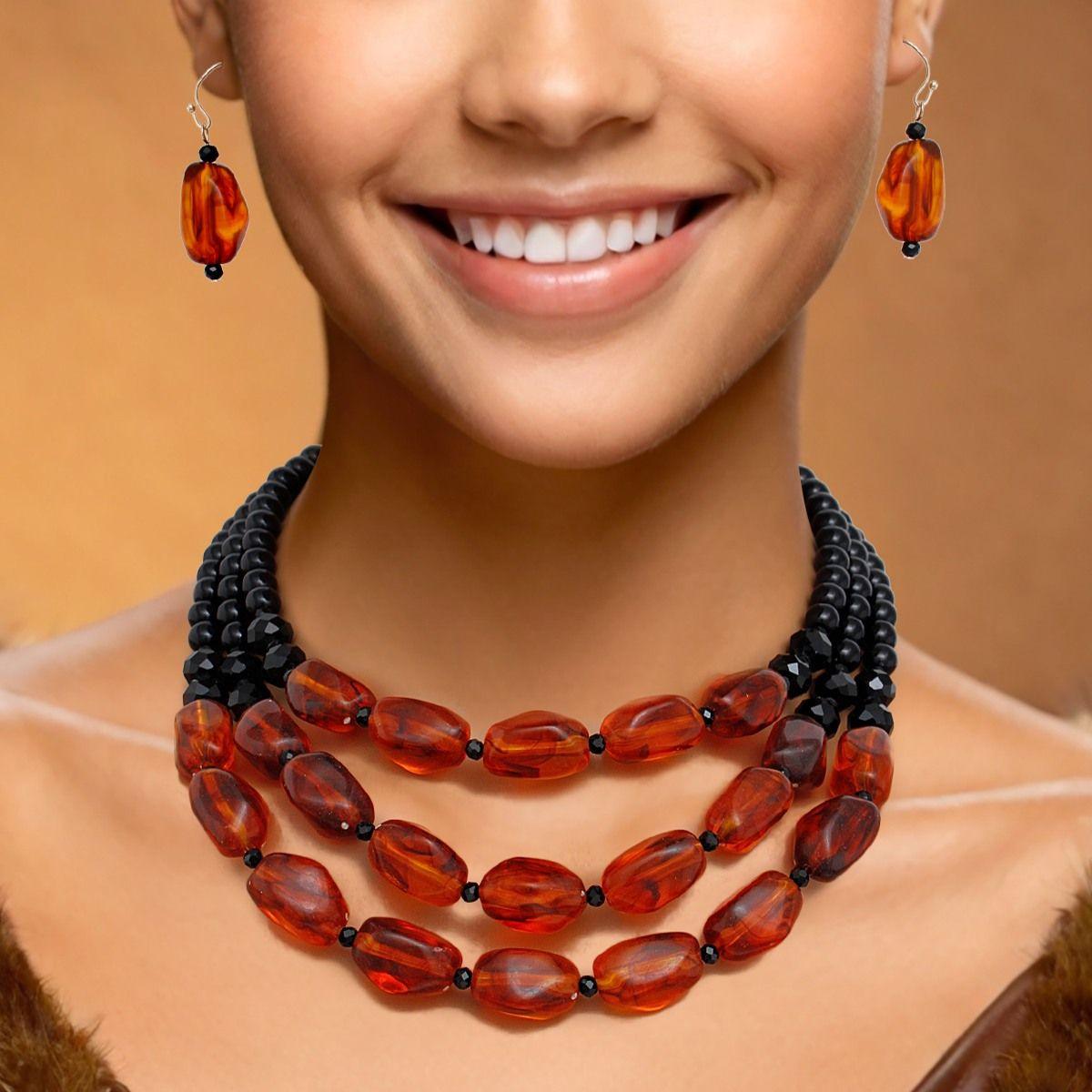 Beaded Warm Caramel Swirls 3 Layer Necklace Women