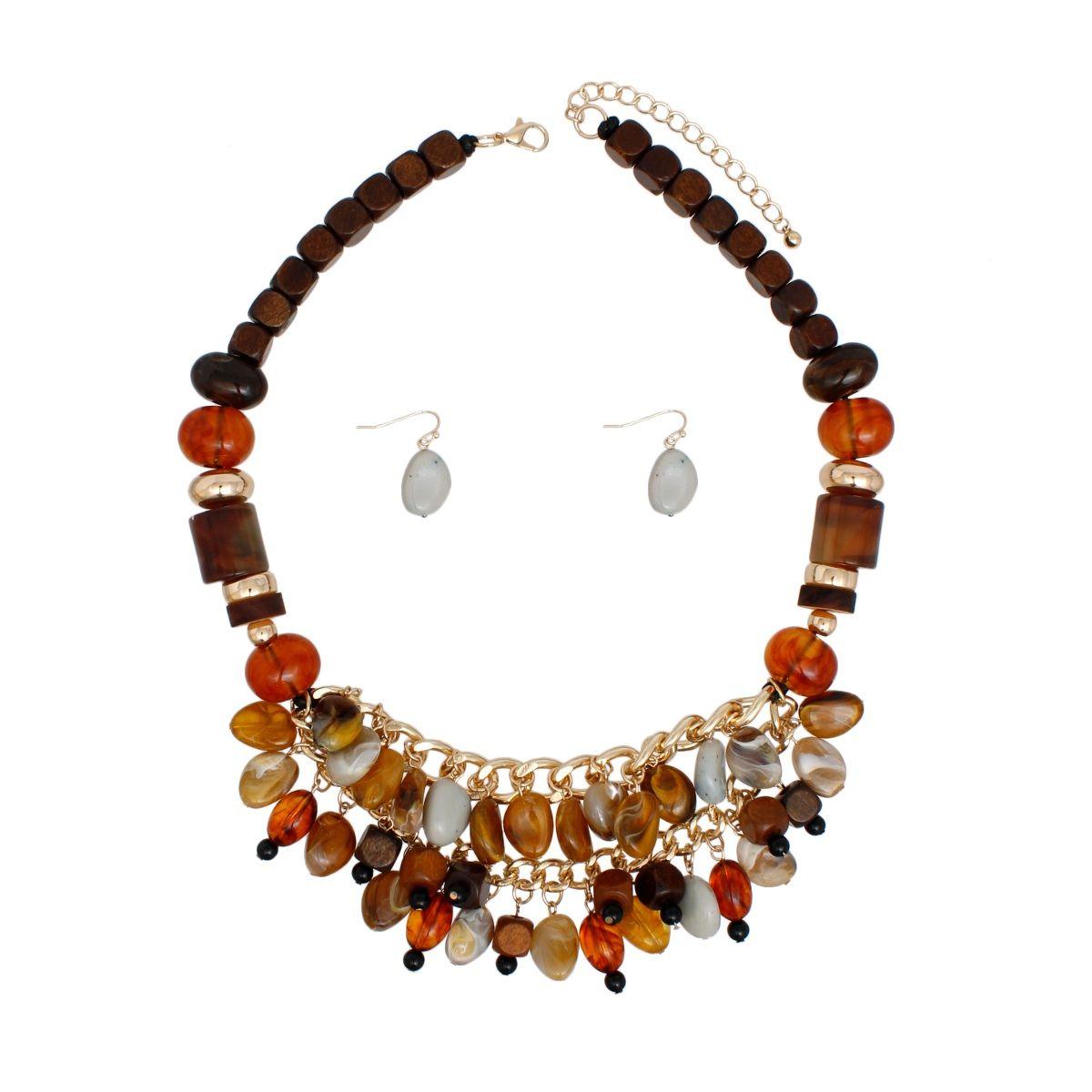 Beaded Earthy Raw Wood and Stone Drop Necklace
