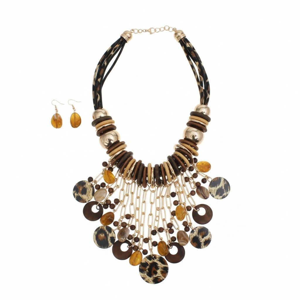 Beaded Leopard Global Artisan Leather Necklace Set