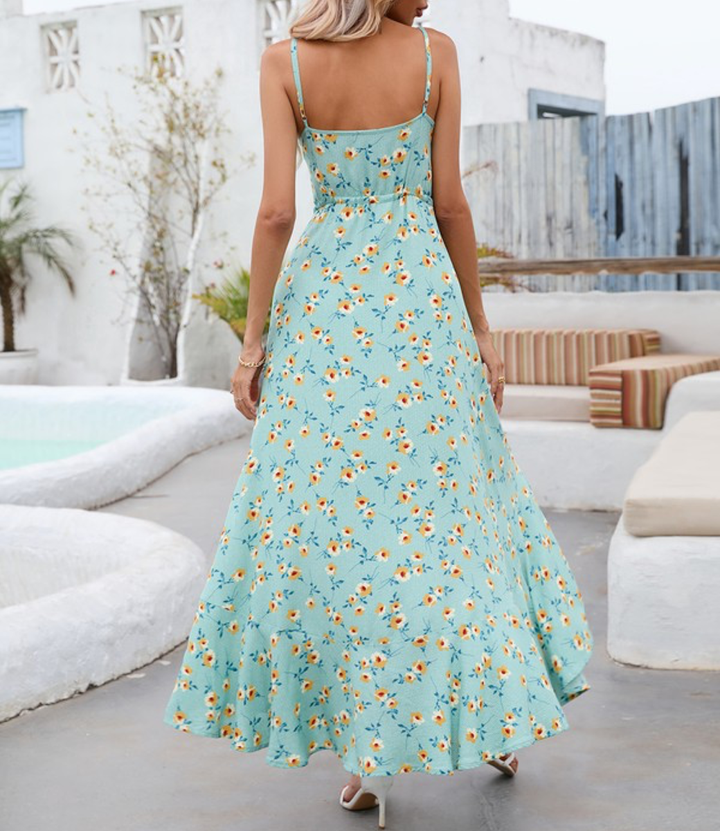 V Neck Button Down Dress - Blue-Green