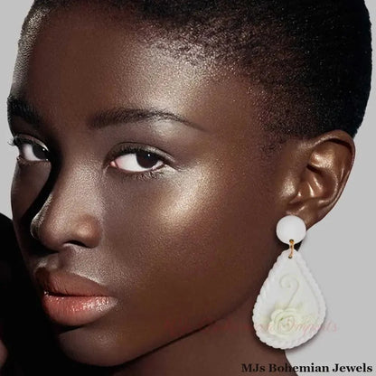 White Ivory Clay Teardrop Flower Bridal Earrings