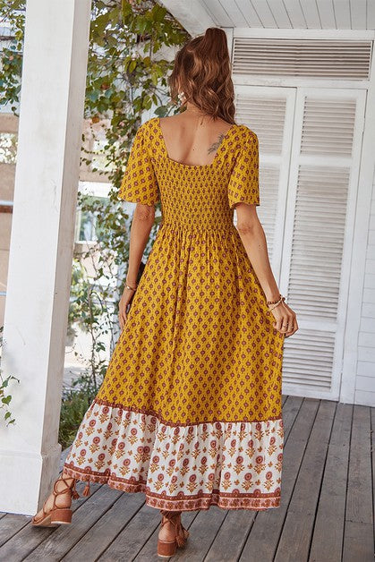 Square Neck Short Sleeve Floral Dress - Yellow