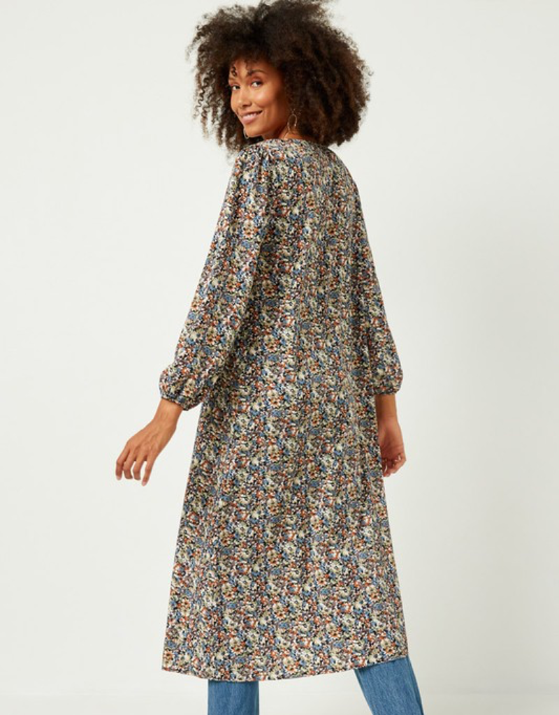 Floral Buttoned Puff Sleeve Duster