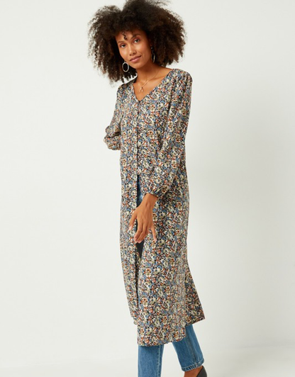Floral Buttoned Puff Sleeve Duster