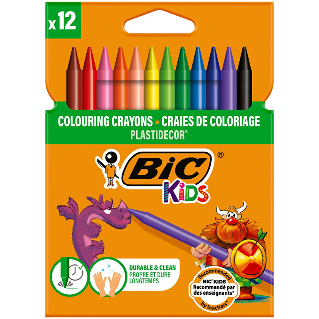BIC Kids Plastidecor Wax Crayons 12 Colors - Durable and Non-Staining Coloring Pencils for Kids