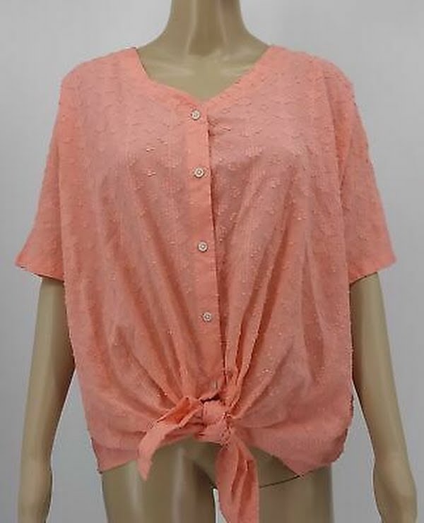 Style &amp; Co Cotton Textured Tie-Front Top-Coral/Size XXL