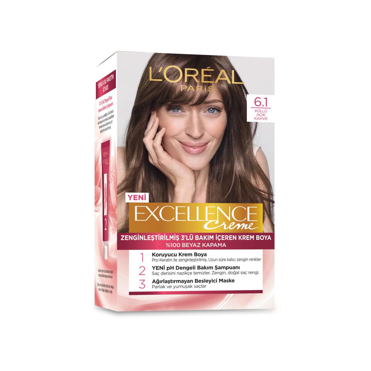 Loreal Paris Excellence Creme Hair Dye - 6.1 Küllü Açık Kahve - Long Lasting Color &amp; Nourishment